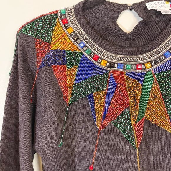 Vintage Claudia Barnes Women's Black Beaded Gemstone Crew Neck Sweater Medium - Picture 7 of 10
